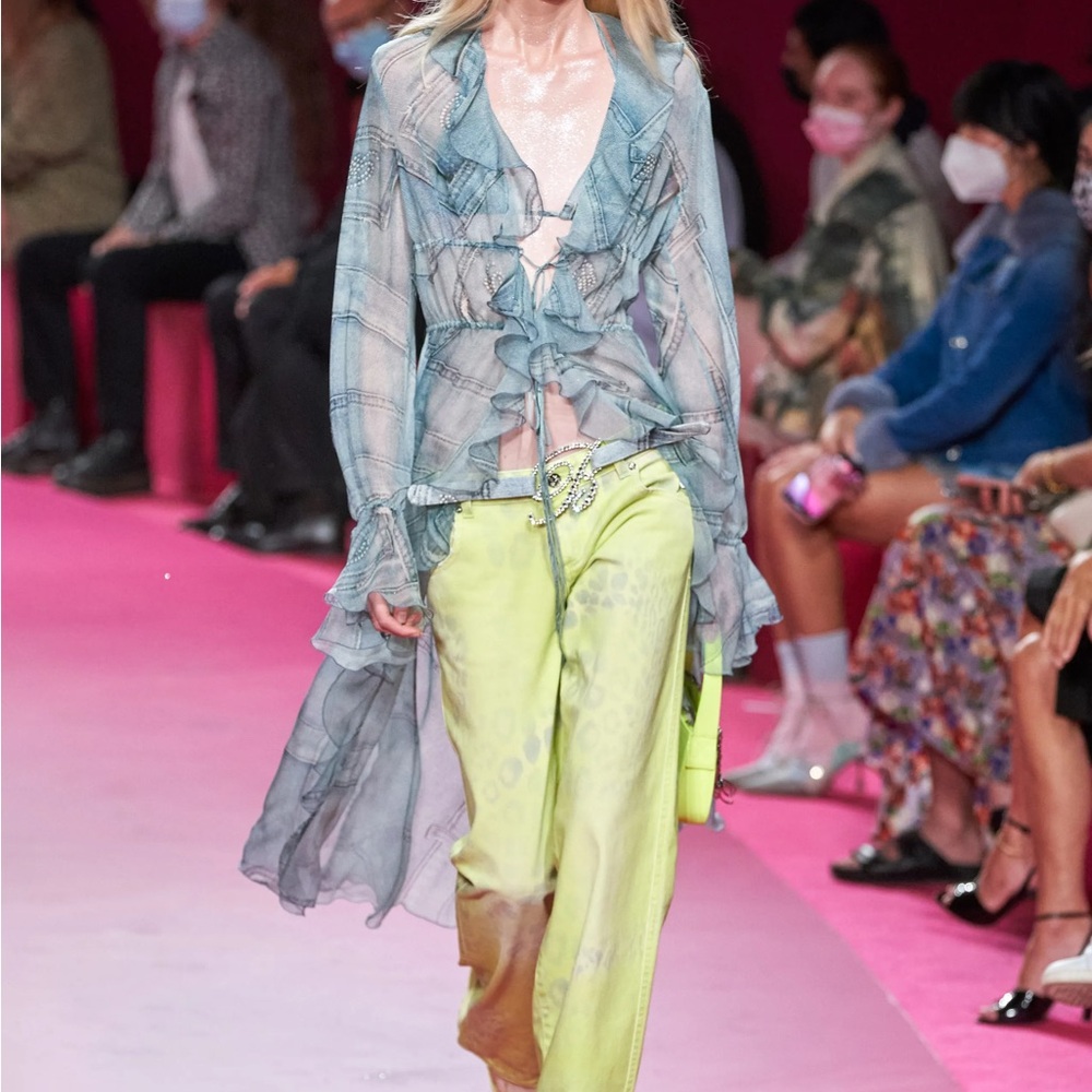 BLUMARINE 2022 Runway Sheer Printed Blue Ruffled Tunic Maxi Dresss